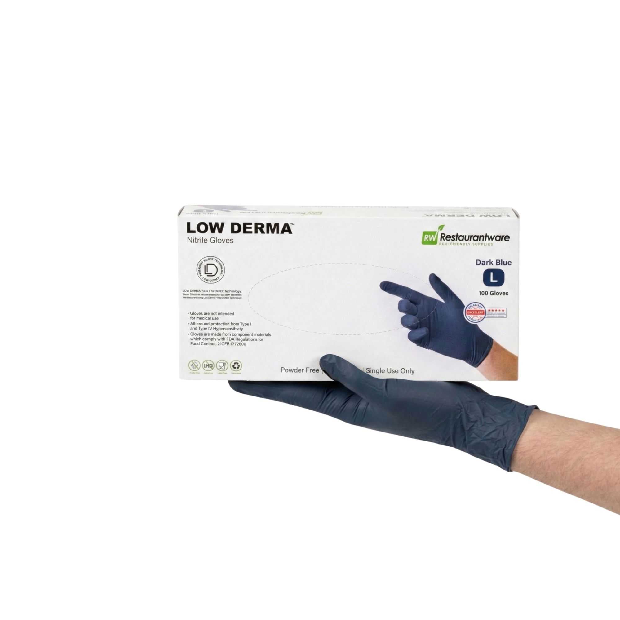 Low Derma Dark Blue Large Nitrile Gloves - Hypoallergenic, Non-Sterile, Powder-Free - 1000 count box