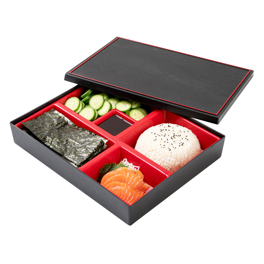Bento Tek Rectangle Black and Red Large Japanese Style Bento Box - 5 Compartments - 12 1/4" x 9 3/4" x 2 1/4" - 1 count box