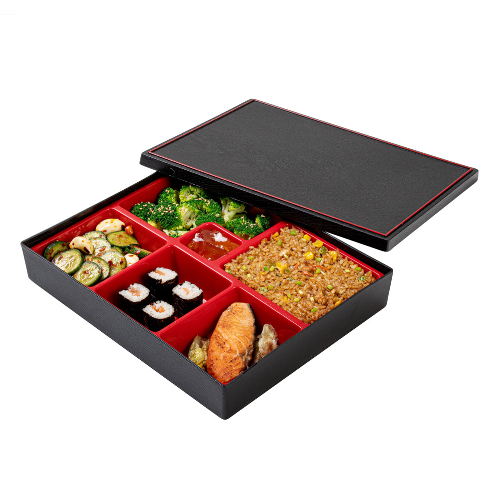 Bento Tek Rectangle Black and Red Large Japanese Style Bento Box - 6 Compartments - 12 1/4" x 9 3/4" x 2 1/4" - 1 count box
