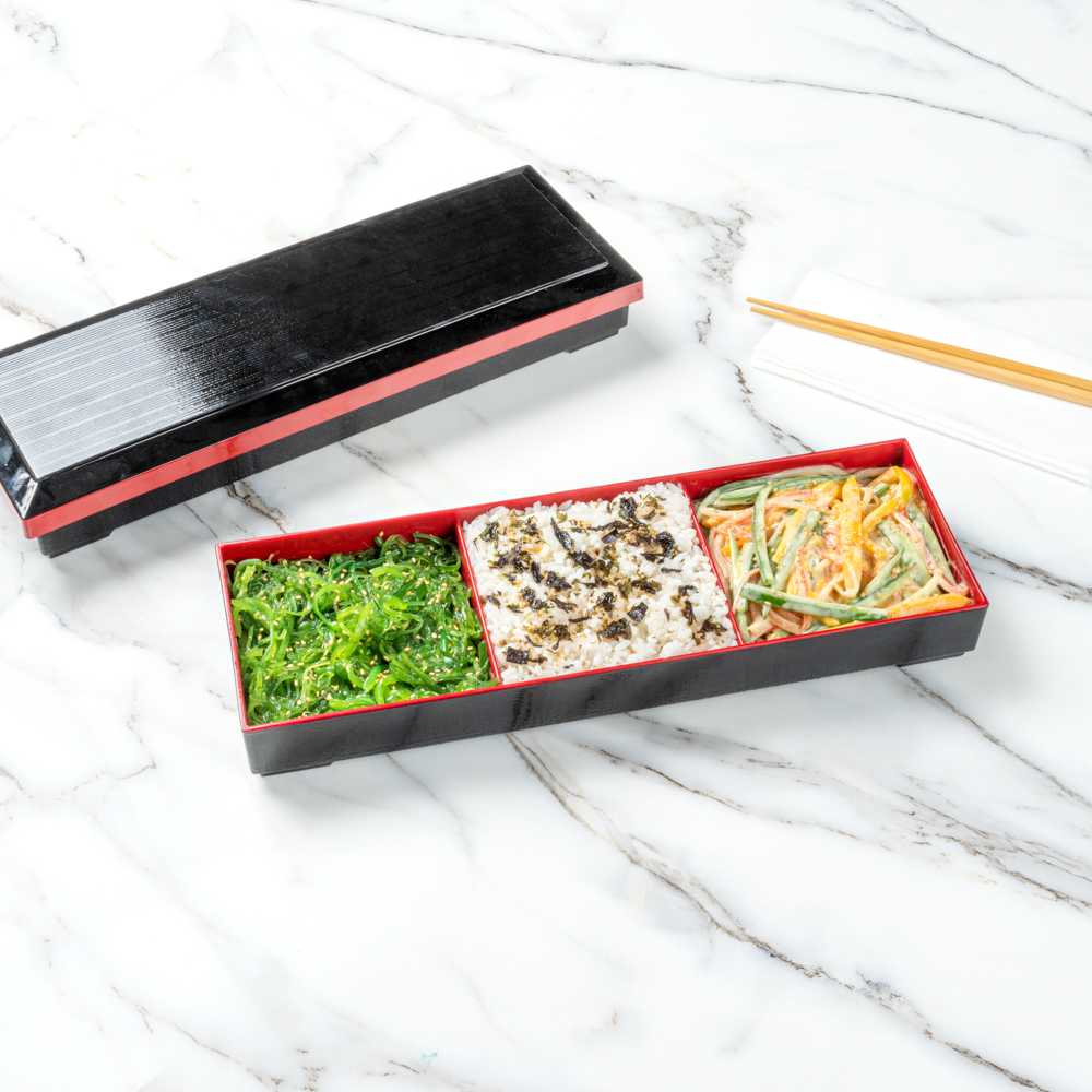 Bento Tek Black and Red Japanese Style Bento Tray - 3 Compartments - 14" x 4 3/4" x 1 3/4" - 1 count box