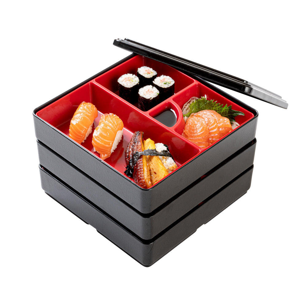 Bento Tek Square Black and Red Japanese Style Bento Box - 4 Compartments, 3 Layers - 8 1/4" x 8 1/4" x 6" - 1 count box