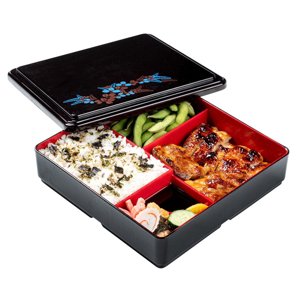 Bento Tek Square Black and Red Japanese Style Bento Box - 5 Compartments - 8 1/4" x 8 1/4" x 2 1/4" - 1 count box