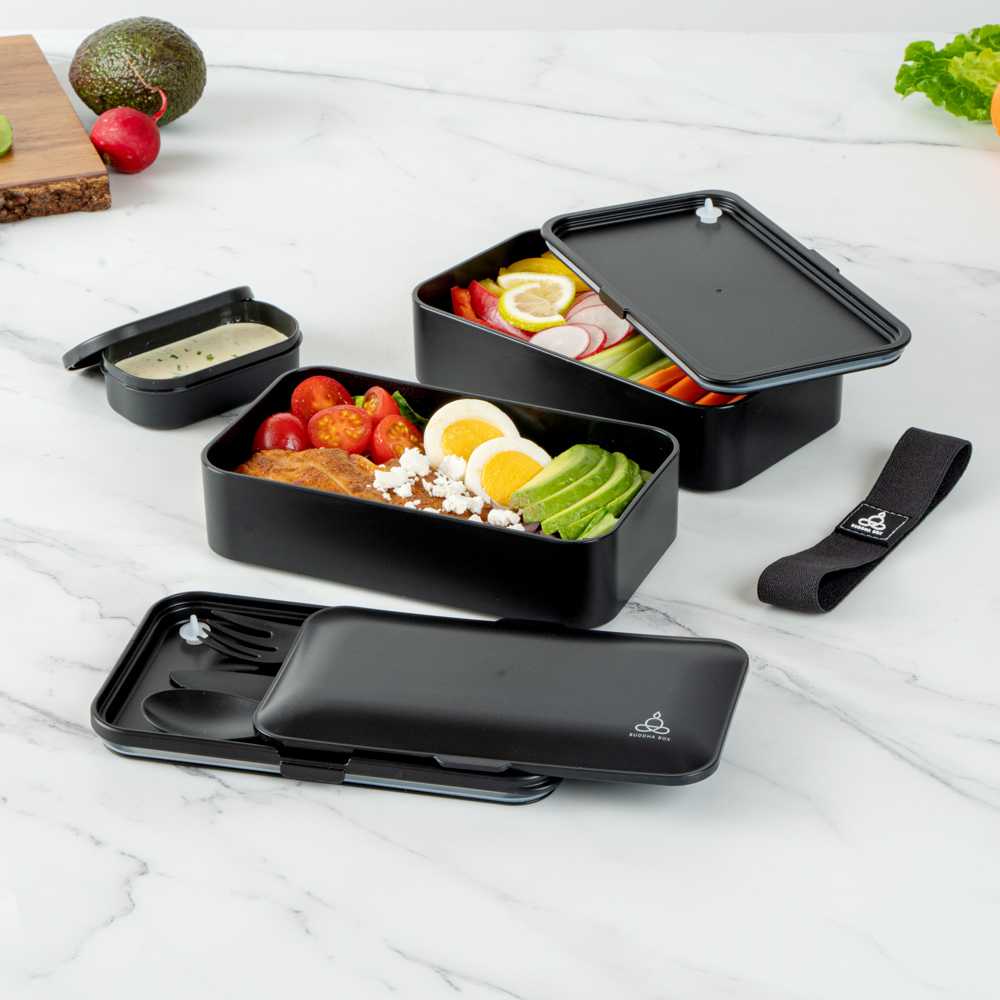 Bento Tek 41 oz Black Buddha Box All-in-One Lunch Box - with Utensils, Sauce Cup - 7 1/4" x 4 1/4" x 4" - 1 count box