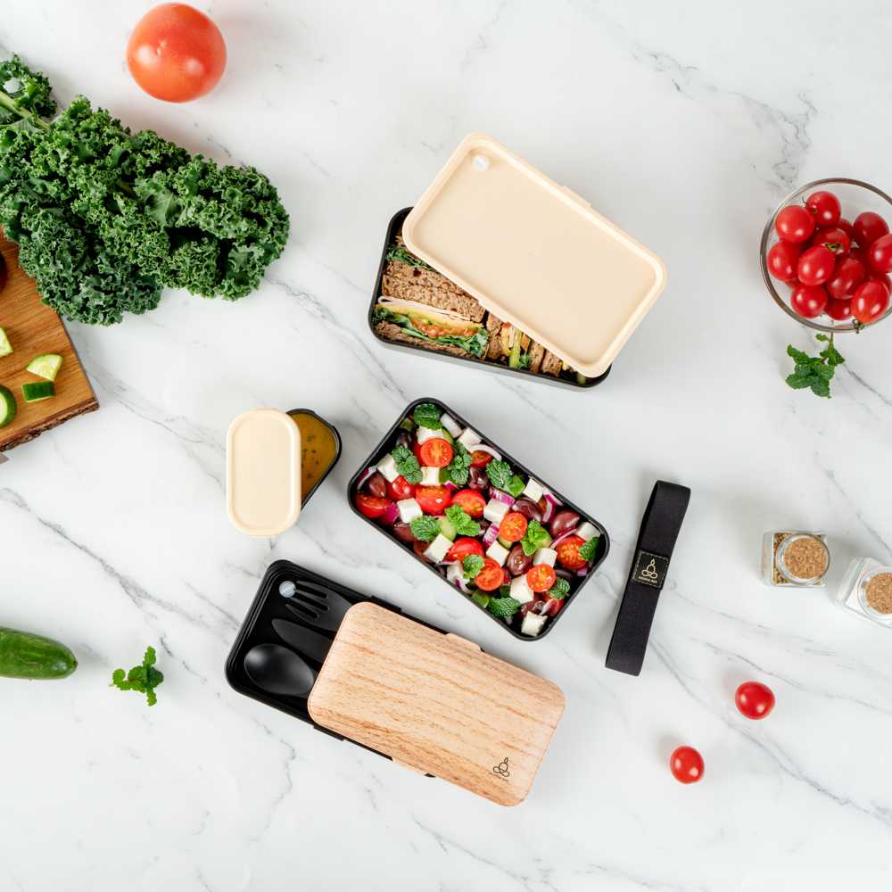Bento Tek 41 oz Wood Grain and Black Buddha Box All-in-One Lunch Box - with Utensils, Sauce Cup - 7 1/4" x 4 1/4" x 4" - 1 count box