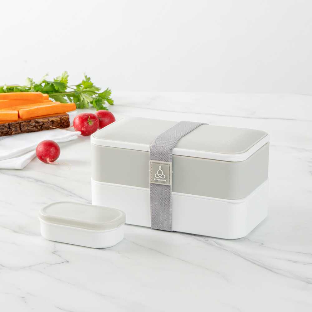 Bento Tek 41 oz Gray and White Buddha Box All-in-One Lunch Box - with Utensils, Sauce Cup - 7 1/4" x 4 1/4" x 4" - 1 count box