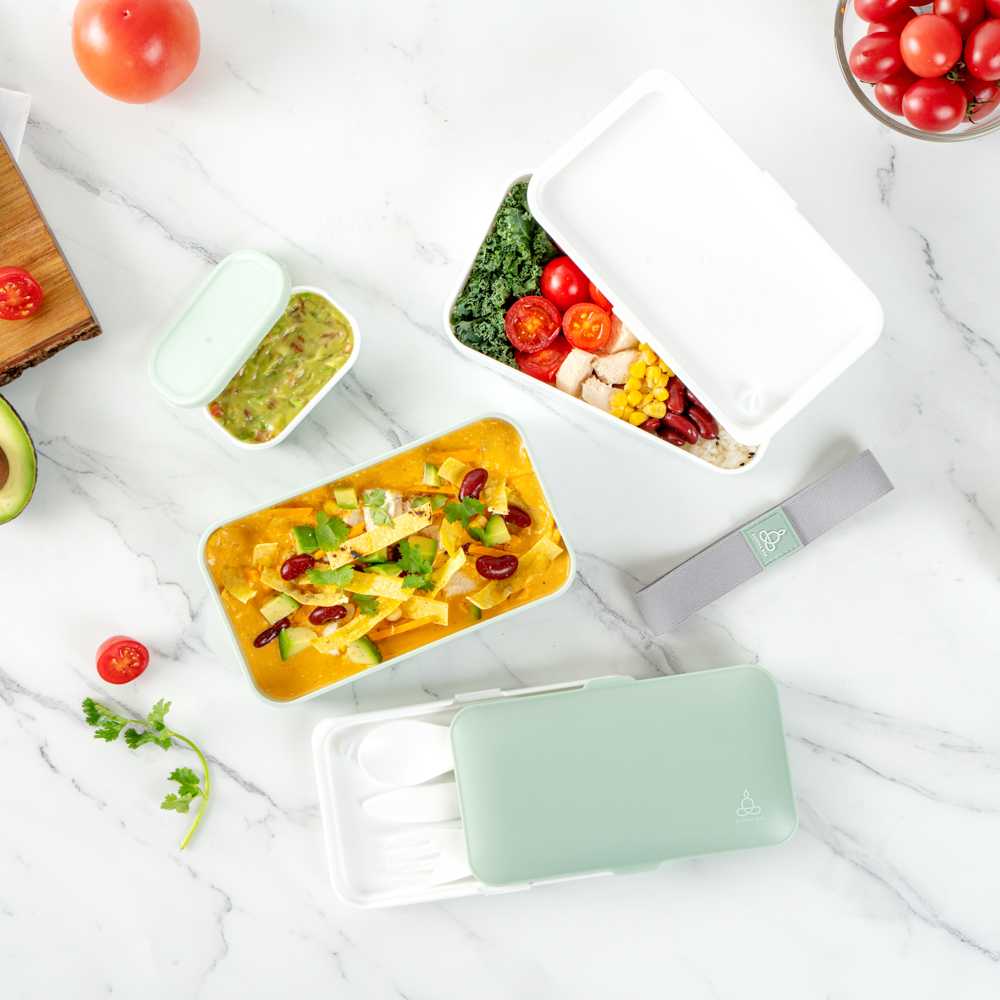 Bento Tek 41 oz Green and White Buddha Box All-in-One Lunch Box - with Utensils, Sauce Cup - 7 1/4" x 4 1/4" x 4" - 1 count box