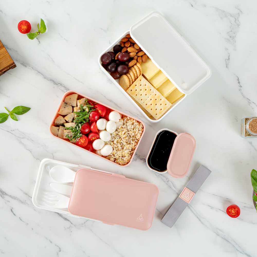 Bento Tek 41 oz Pink and White Buddha Box All-in-One Lunch Box - with Utensils, Sauce Cup - 7 1/4" x 4 1/4" x 4" - 1 count box