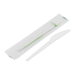 Basic Nature White CPLA Plastic Knife - Compostable Wrapper, Heat-Resistant - 6 1/2