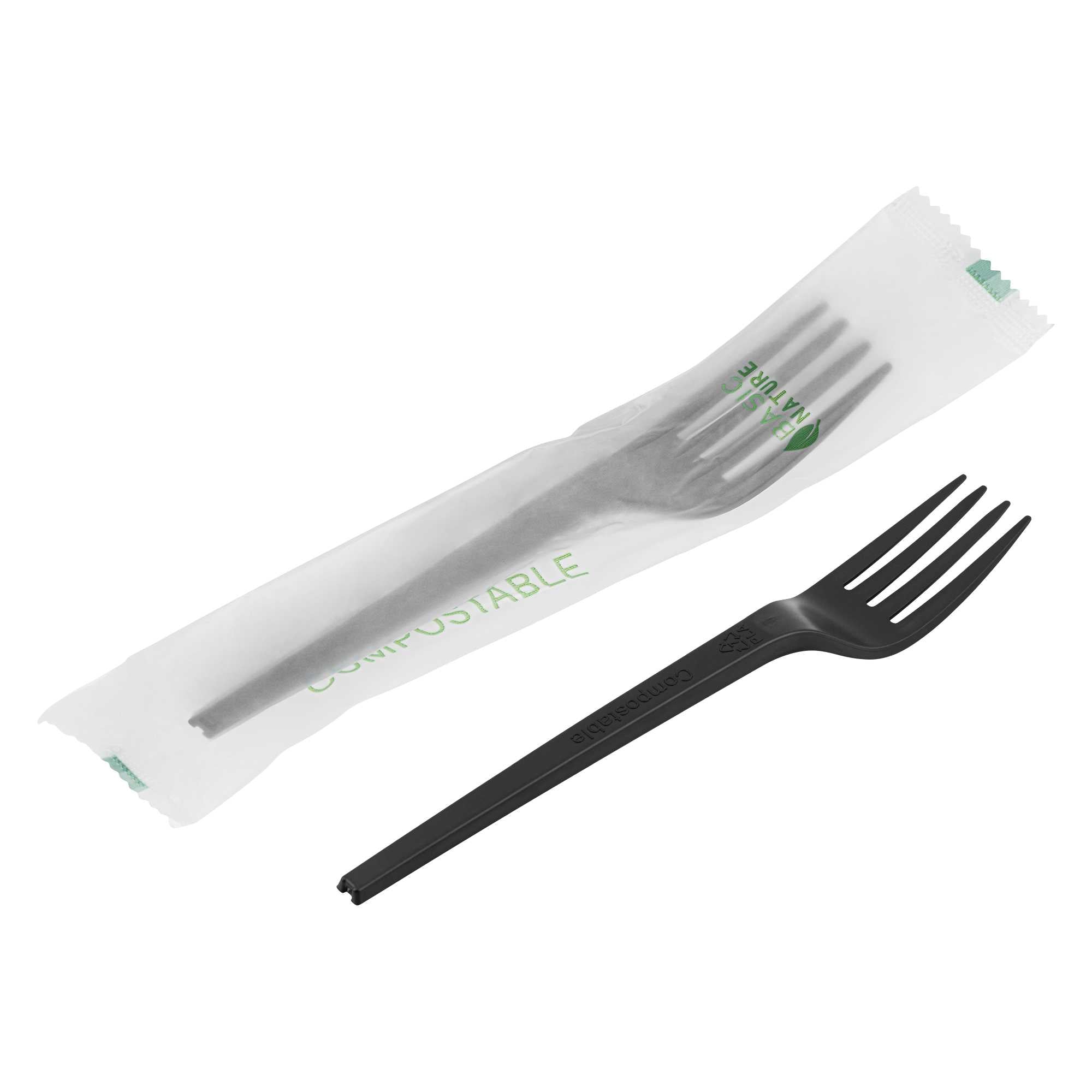 Basic Nature Black CPLA Plastic Fork - Compostable Wrapper, Heat-Resistant - 6 1/2" - 250 count box