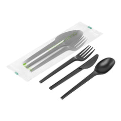 Basic Nature Black CPLA Plastic Cutlery Set - Compostable Wrapper, Heat-Resistant - 6 1/2