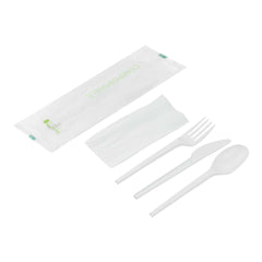 Basic Nature White CPLA Plastic Cutlery Set - Compostable Wrapper, White Napkin, Heat-Resistant - 6 1/2
