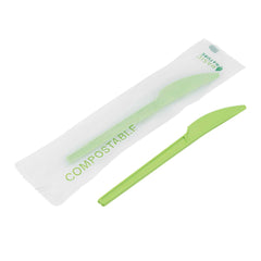 Basic Nature Green CPLA Plastic Knife - Compostable Wrapper, Heat-Resistant - 6 1/2