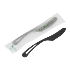Basic Nature Black CPLA Plastic Knife - Compostable Wrapper, Heat-Resistant - 7 1/2