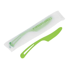 Basic Nature Green CPLA Plastic Knife - Compostable Wrapper, Heat-Resistant - 7 1/2