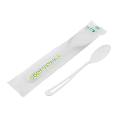 Basic Nature White CPLA Plastic Spoon - Compostable Wrapper, Heat-Resistant - 7 1/2