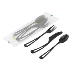 Basic Nature Black CPLA Plastic Cutlery Set - Compostable Wrapper, Heat-Resistant - 7 1/2