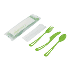 Basic Nature Green CPLA Plastic Cutlery Set - Compostable Wrapper, White Napkin, Heat-Resistant - 7 1/2