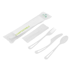 Basic Nature White CPLA Plastic Cutlery Set - Compostable Wrapper, White Napkin, Heat-Resistant - 7 1/2