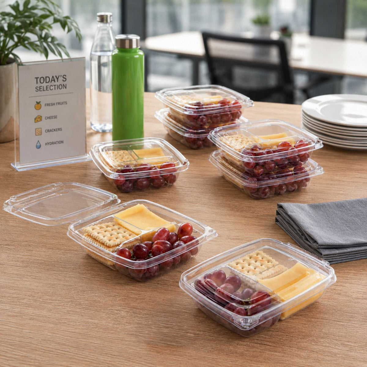 Tamper Tek 11 oz Rectangle Clear Plastic Container - with Lid, Tamper-Evident, 3 Compartments - 7" x 5 1/2" x 1 1/2" - 100 count box