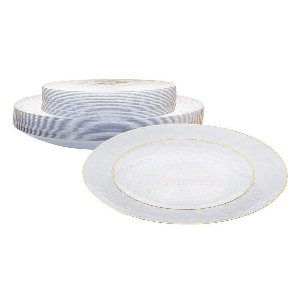 Moderna Round Clear Plastic Gold-Rimmed Plate Set - Hammered, Includes 7" and 10" Plate Sets - 40 count box