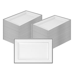 Moderna Rectangle White Plastic Silver-Rimmed Plate - 12 3/4