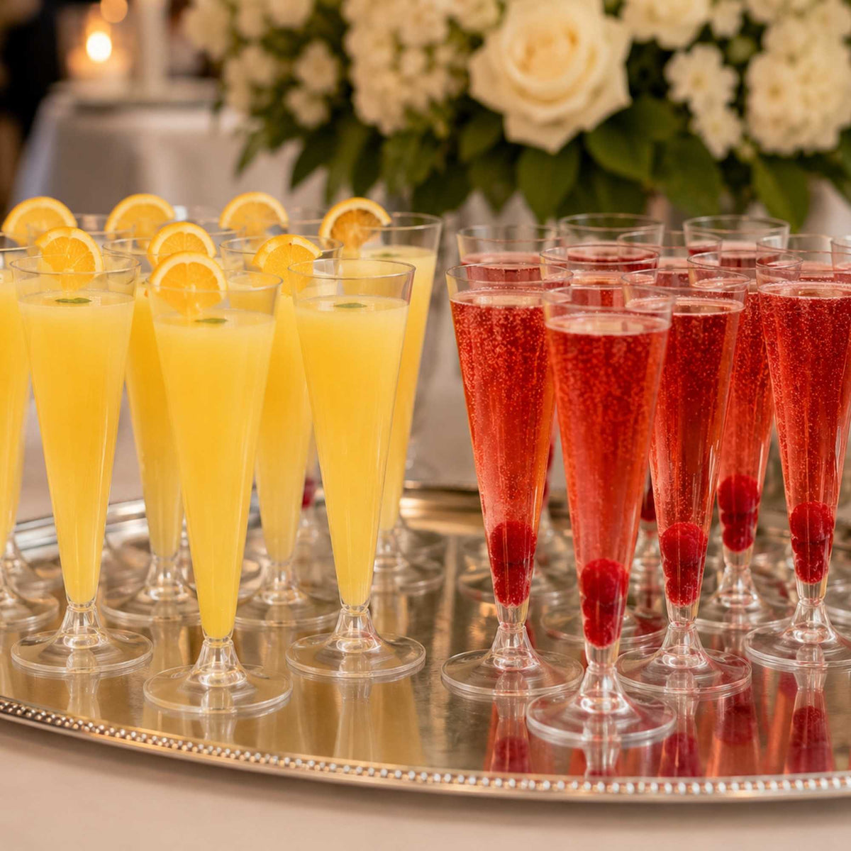 Chef 101 7 oz Clear Plastic Long Champagne Flute - 2 3/4" x 2 3/4" x 6 3/4" - 100 count box