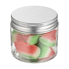 Chef 101 2 oz Round Clear Plastic Candy and Snack Jar - with Silver Aluminum Lid - 2