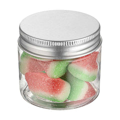 Chef 101 2 oz Round Clear Plastic Candy and Snack Jar - with Silver Aluminum Lid - 2