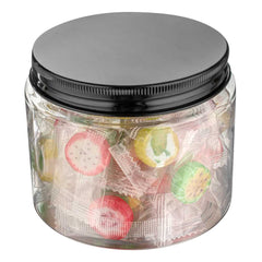 Chef 101 16 oz Round Clear Plastic Candy and Snack Jar - with Black Aluminum Lid - 3 3/4