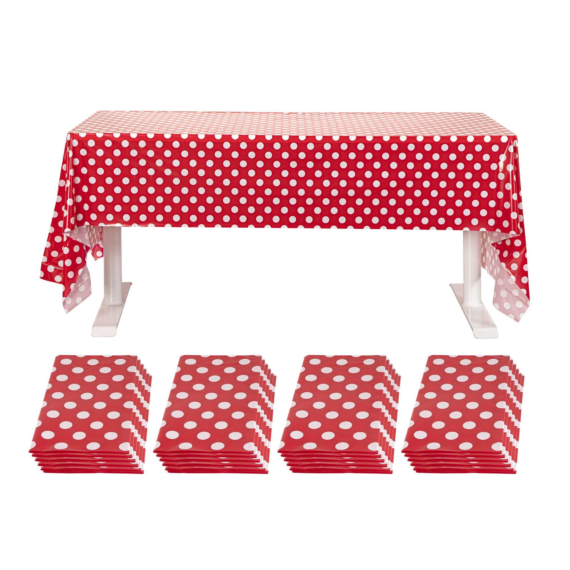 Table Tek Rectangle Red with White Polka Dots Plastic Table Cover - 108" x 54" - 20 count box
