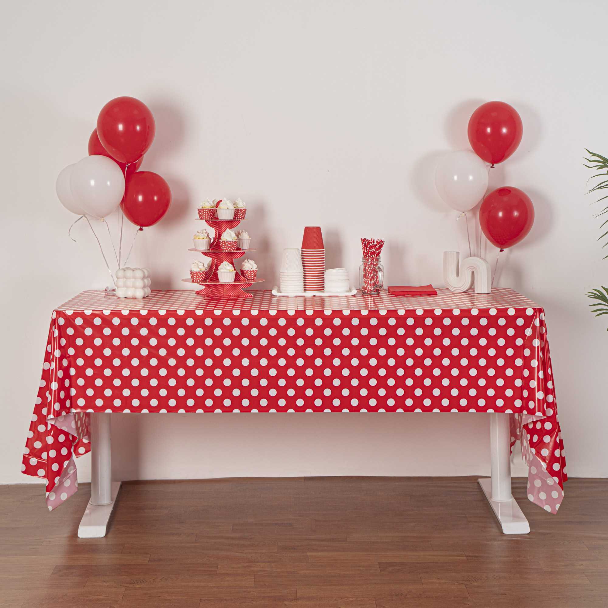 Table Tek Rectangle Red with White Polka Dots Plastic Table Cover - 108" x 54" - 20 count box
