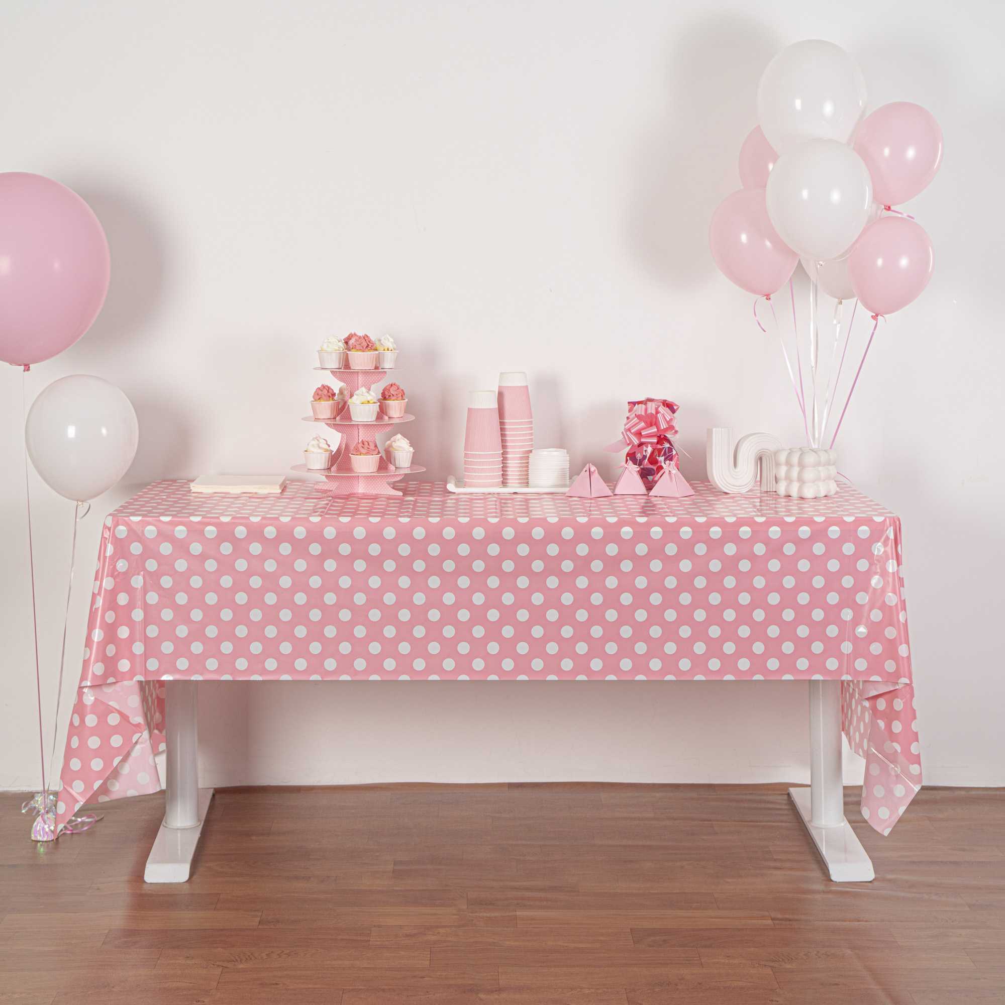 Table Tek Rectangle Pink with White Polka Dots Plastic Table Cover - 108" x 54" - 20 count box
