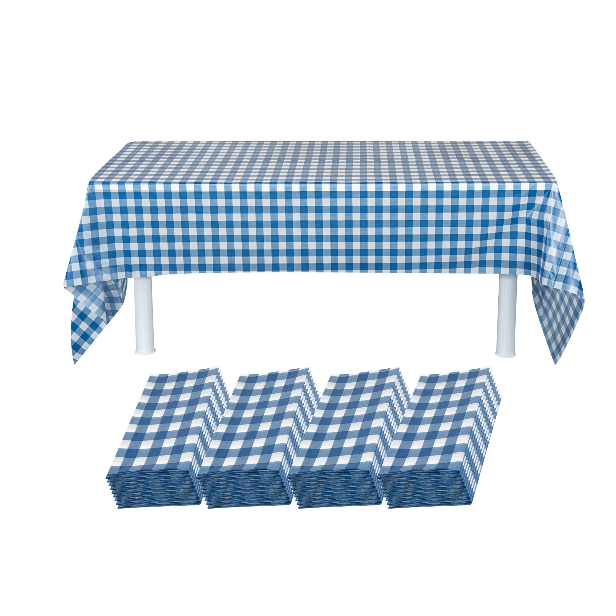 Table Tek Rectangle Blue Gingham Plastic Table Cover - 108" x 54" - 2 count box