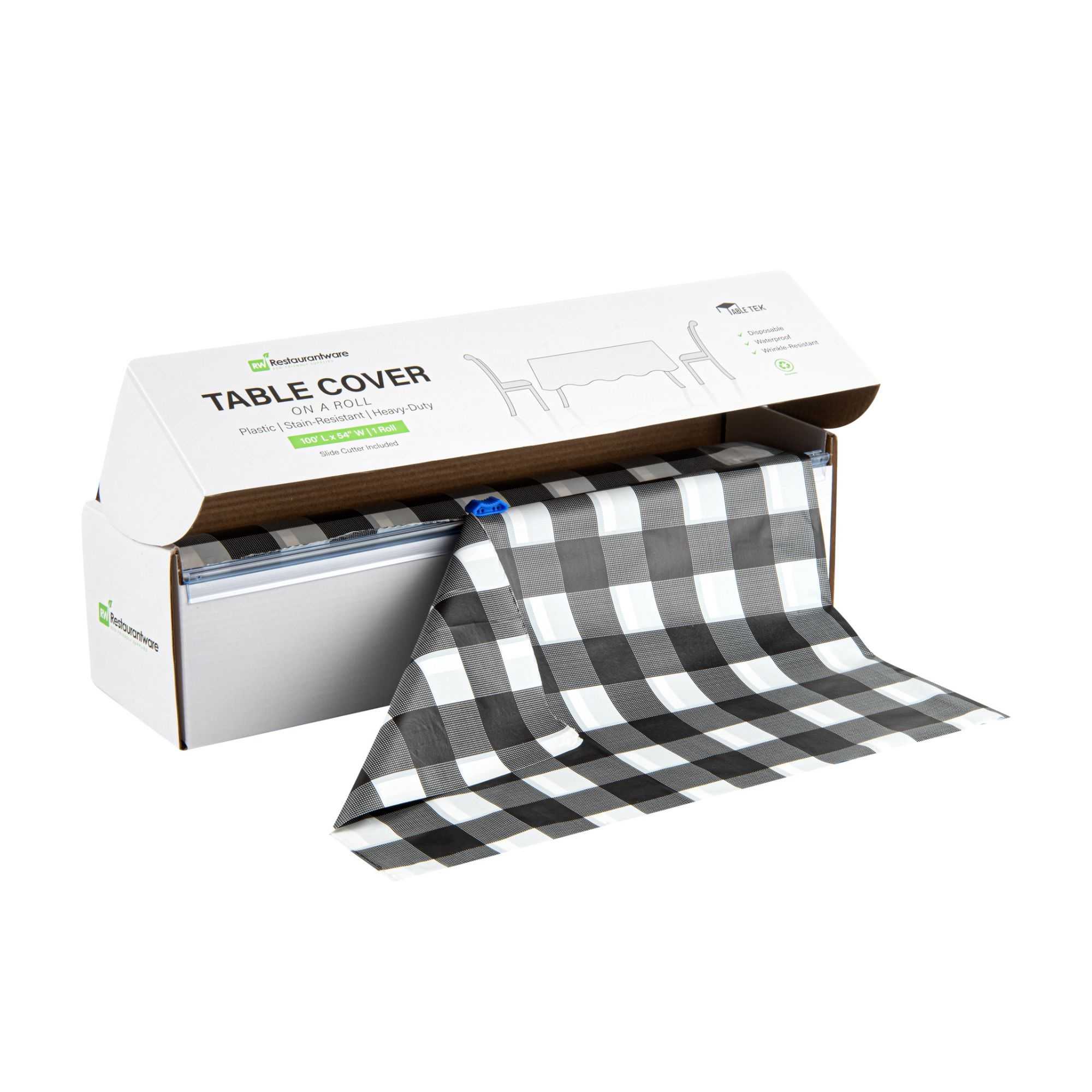 Table Tek Black Gingham Plastic Table Cover Roll - with Slide Cutter - 100' x 54" - 1 count box