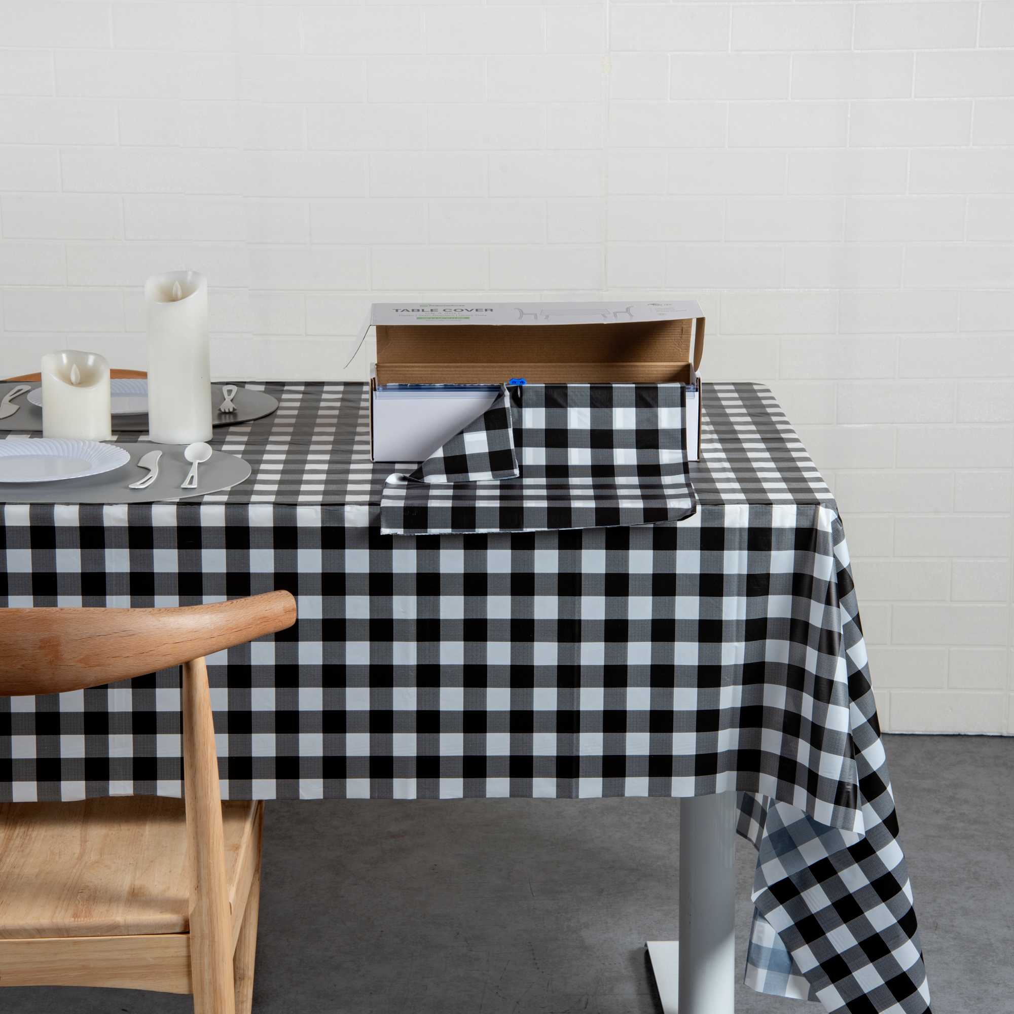 Table Tek Black Gingham Plastic Table Cover Roll - with Slide Cutter - 100' x 54" - 1 count box