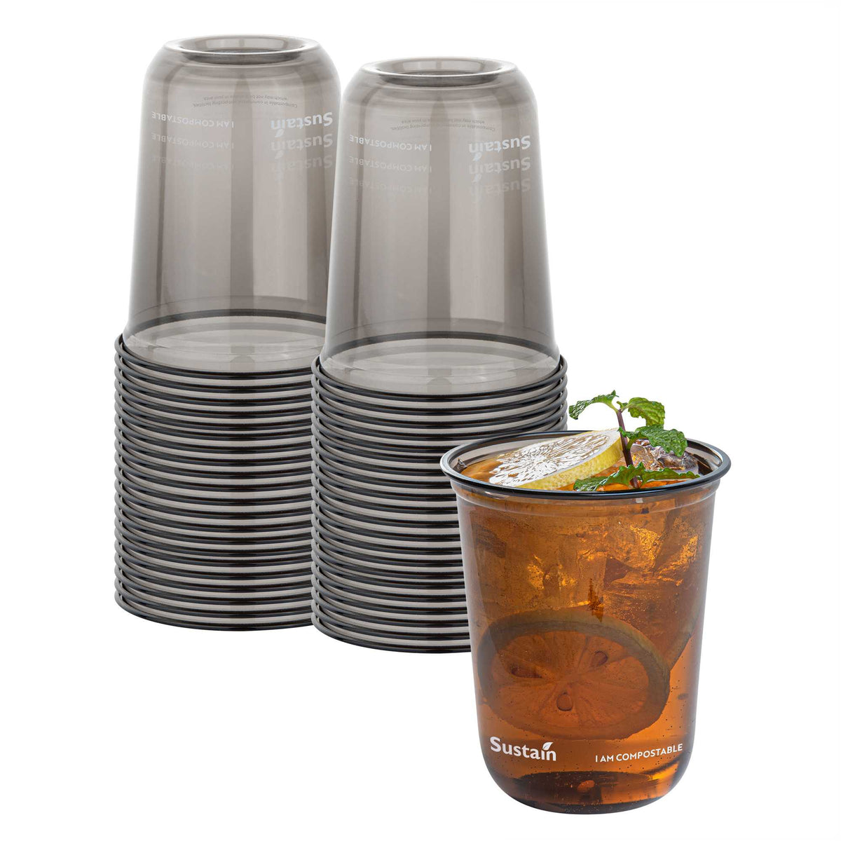 Sustain 12 oz U-Shape Black PLA Plastic Drinking Cup - Compostable, Rounded Bottom - 3 1/2" x 3 1/2" x 4 1/4" - 1000 count box