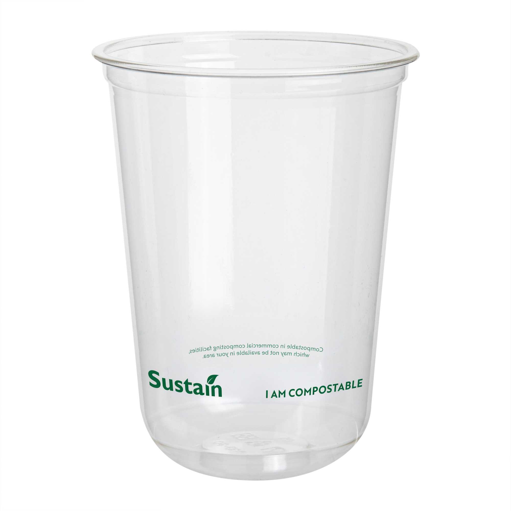Sustain 16 oz U-Shape Clear PLA Plastic Drinking Cup - Compostable, Rounded Bottom - 3 1/2" x 3 1/2" x 4 3/4" - 1000 count box