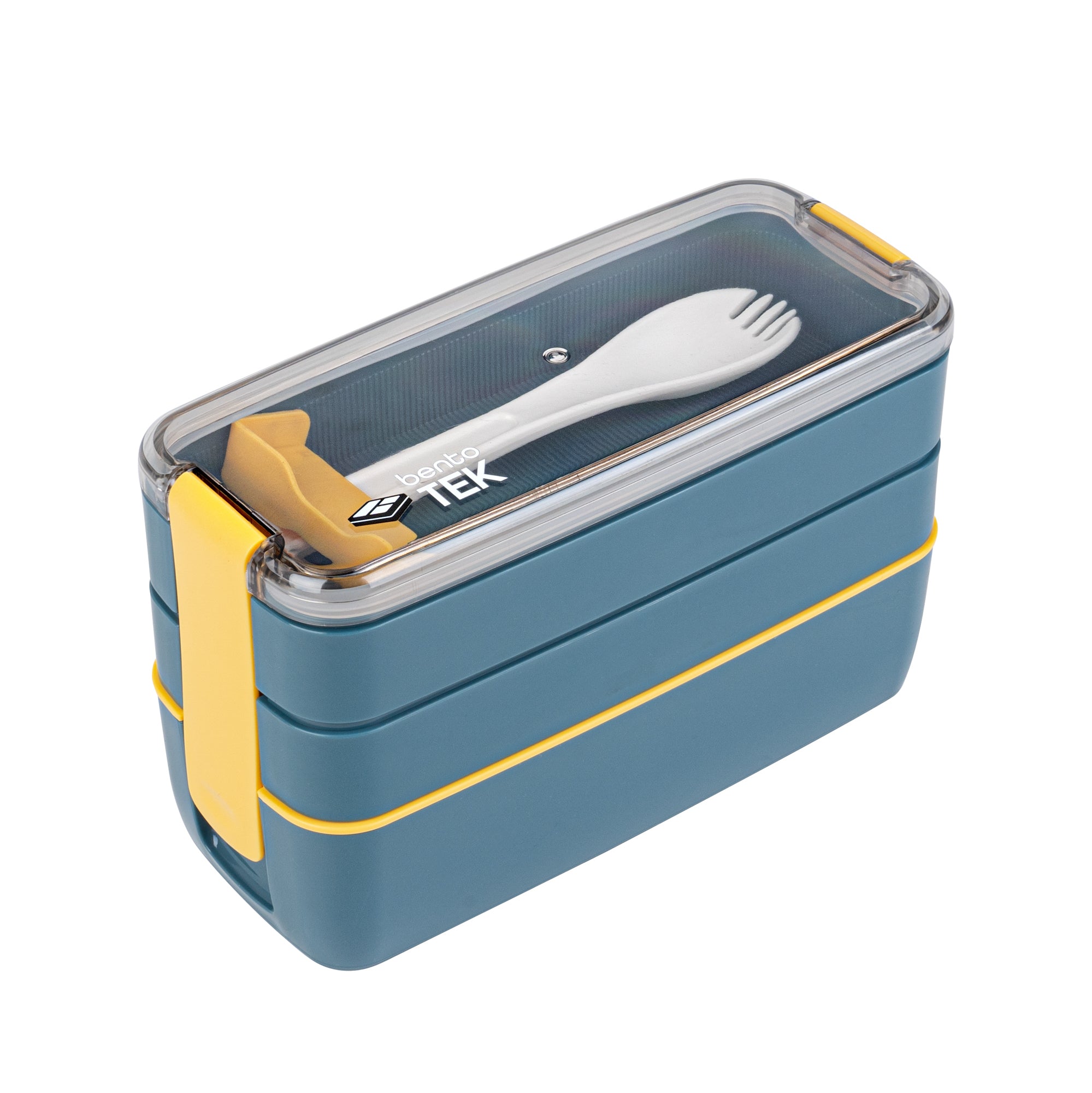 Bento Tek 30 oz Blue and Yellow 3-In-1 Lunch Box - BPA-Free, Microwave-Safe, with Fork and Knife - 7 1/2" x 3 1/4" x 4 1/2" - 1 count box