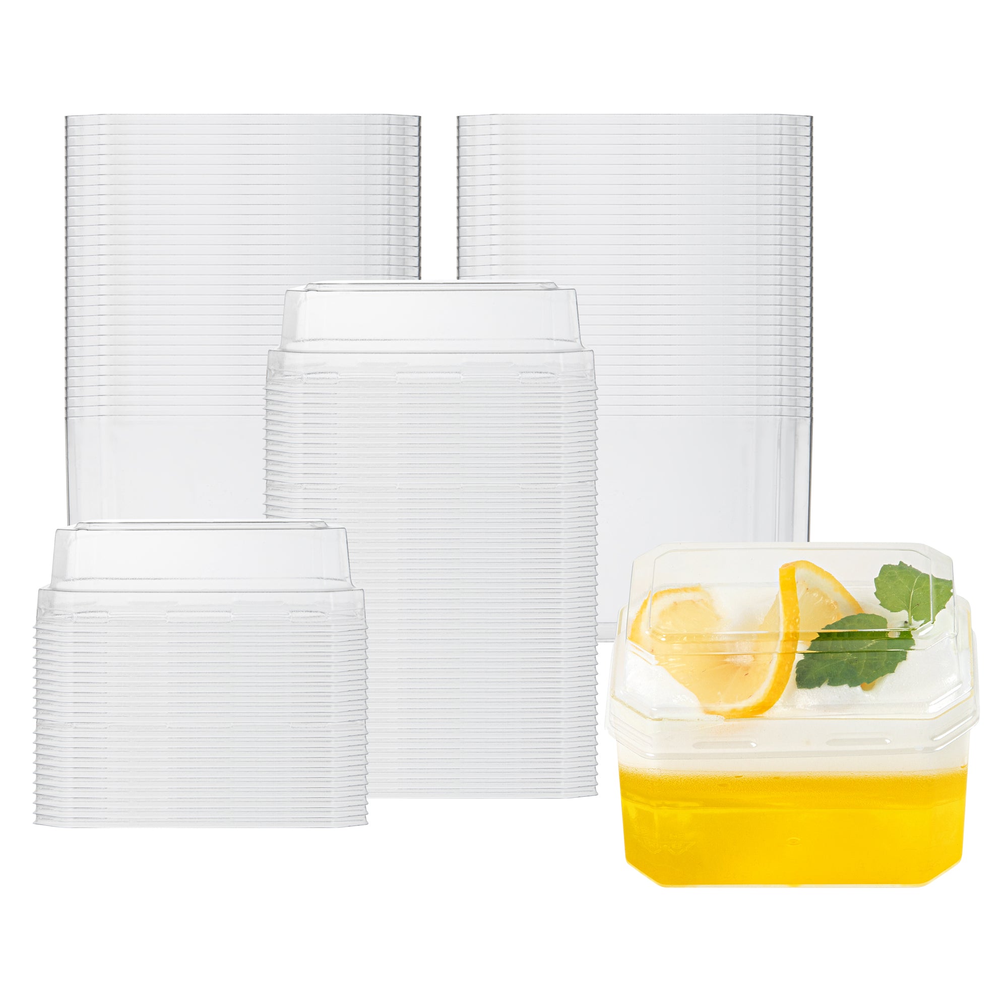 Mini Serve 3 oz Rectangle Clear Plastic Dessert Cup - with Lid - 3 1/4'' x 2'' x 2'' - 100 count box