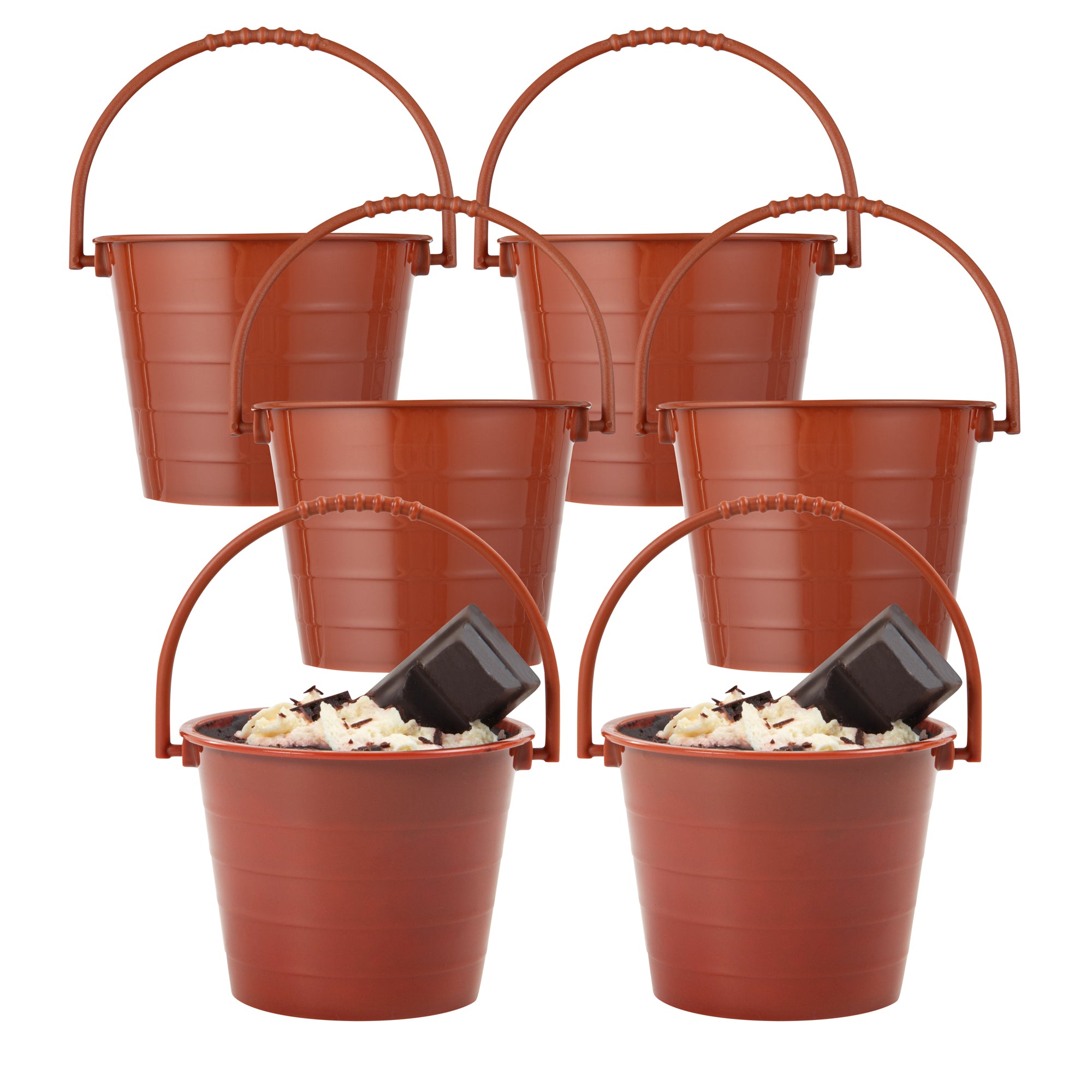 Mini Serve 2 oz Round Brown Plastic Dessert Bucket Cup - 3 1/4'' x 3 1/4'' x 2 1/4'' - 100 count box