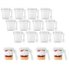 Mini Serve 7 oz Square Clear Plastic Dessert Cup - with Lid and Spoon - 3 1/4'' x 3 1/4'' x 3 1/2'' - 25 count box