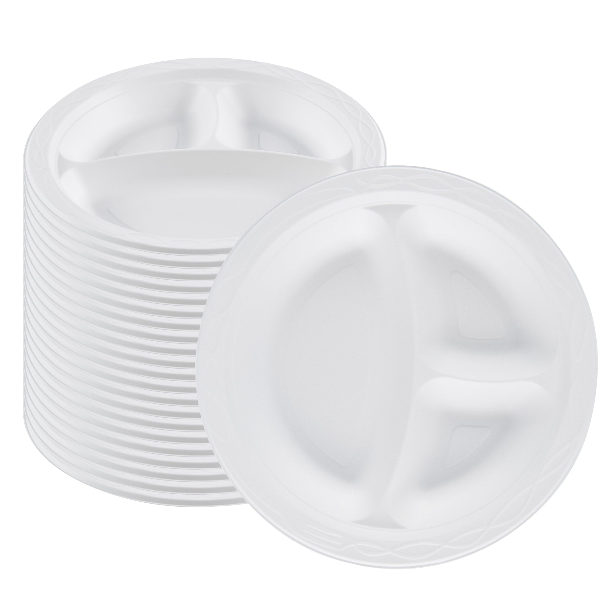 Chef 101 Round White Plastic Plate - 3 Compartments, Microwavable - 9" x 9" x 3/4" - 100 count box