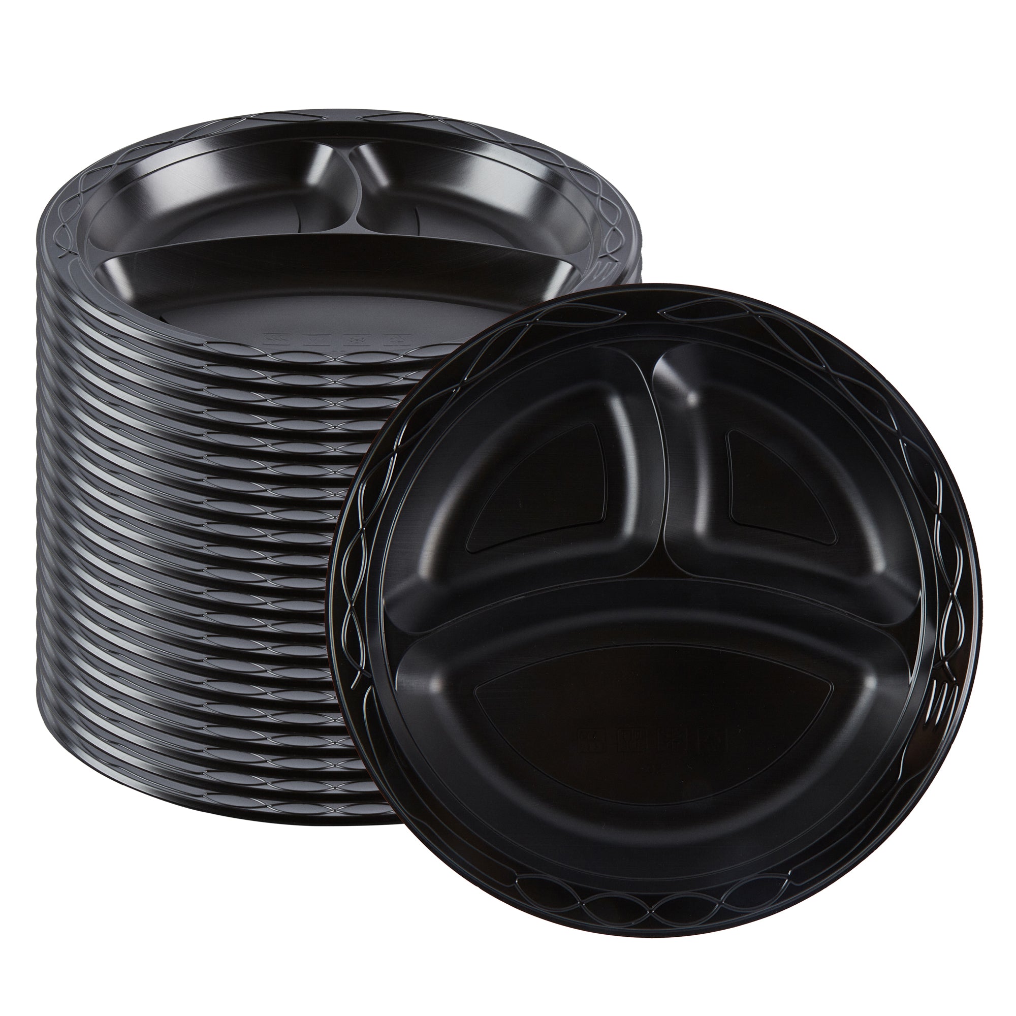 Chef 101 Round Black Plastic Plate - 3 Compartments, Microwavable - 10 1/4" x 10 1/4" x 1" - 100 count box