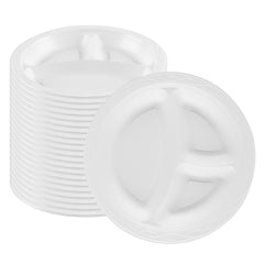 Chef 101 Round White Plastic Plate - 3 Compartments, Microwavable - 10 1/4