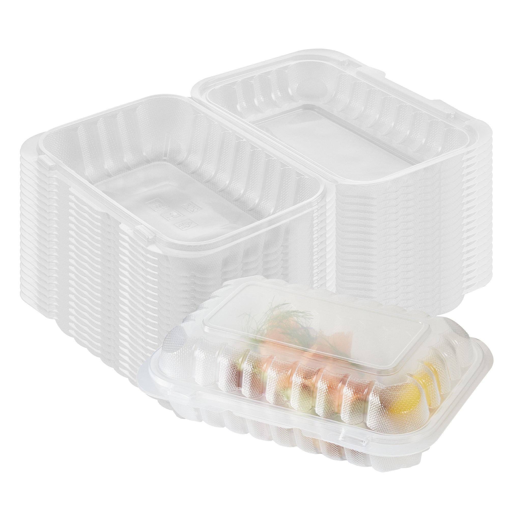 Chef 101 29 oz Rectangle Clear Plastic Clamshell Container - Anti-Fog, Microwavable - 9" x 6" x 2 3/4" - 100 count box