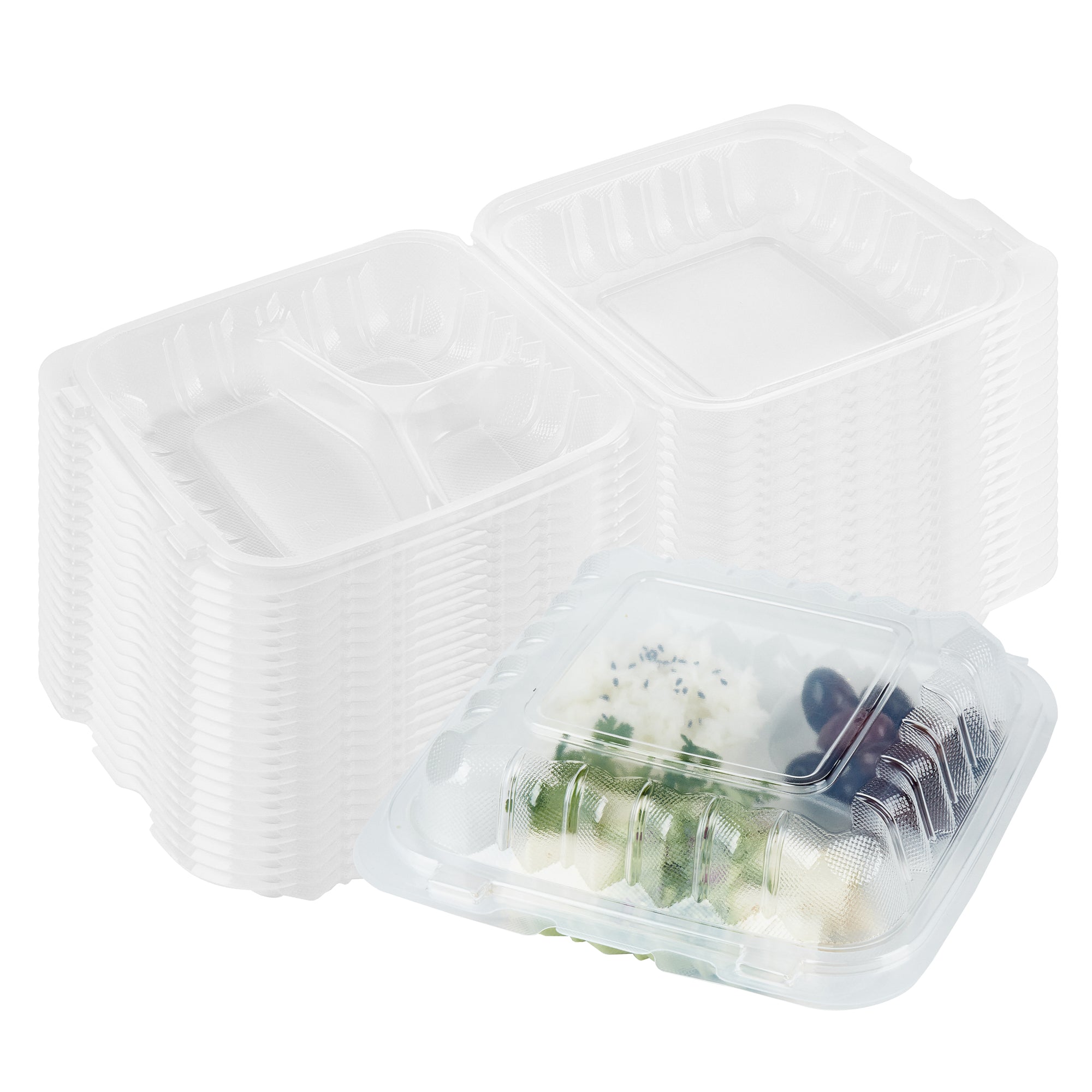 Chef 101 30 oz Square Clear Plastic Clamshell Container - 3 Compartments, Microwavable - 7 1/2" x 7 1/2" x 2 3/4" - 100 count box