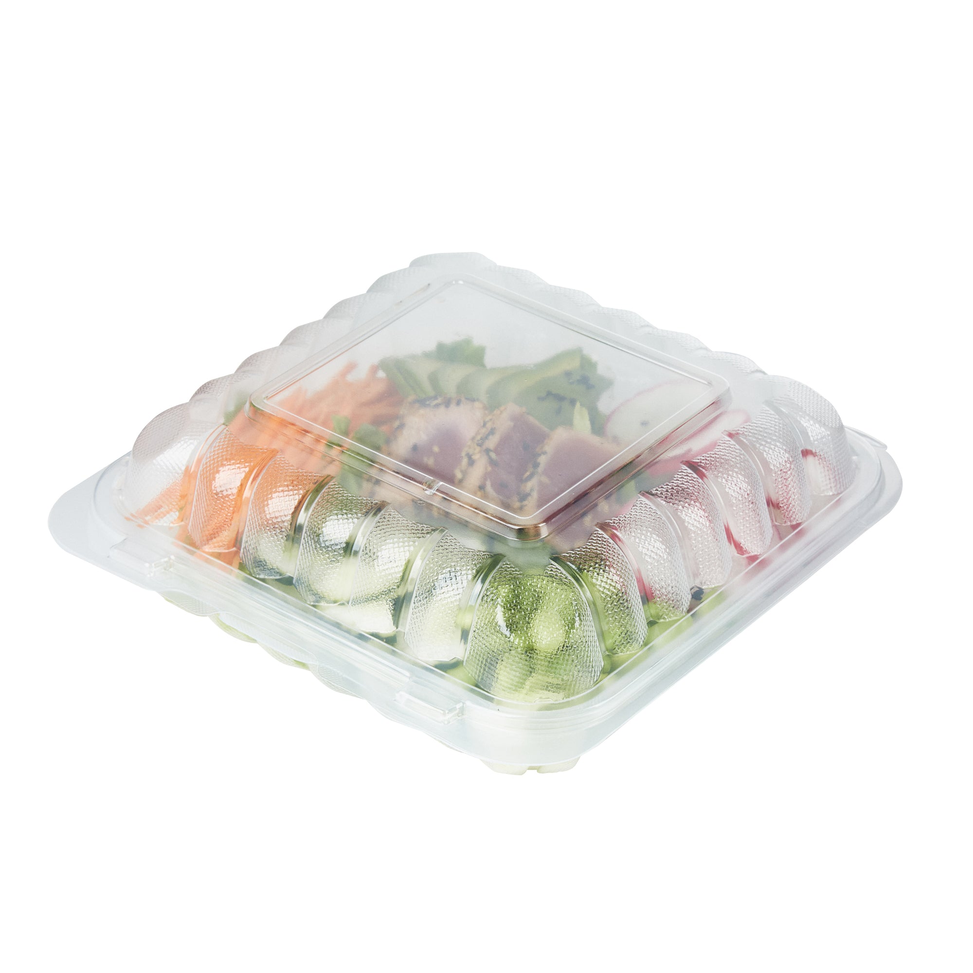 Chef 101 34 oz Square Clear Plastic Clamshell Container - Microwavable - 8" x 8" x 3" - 100 count box