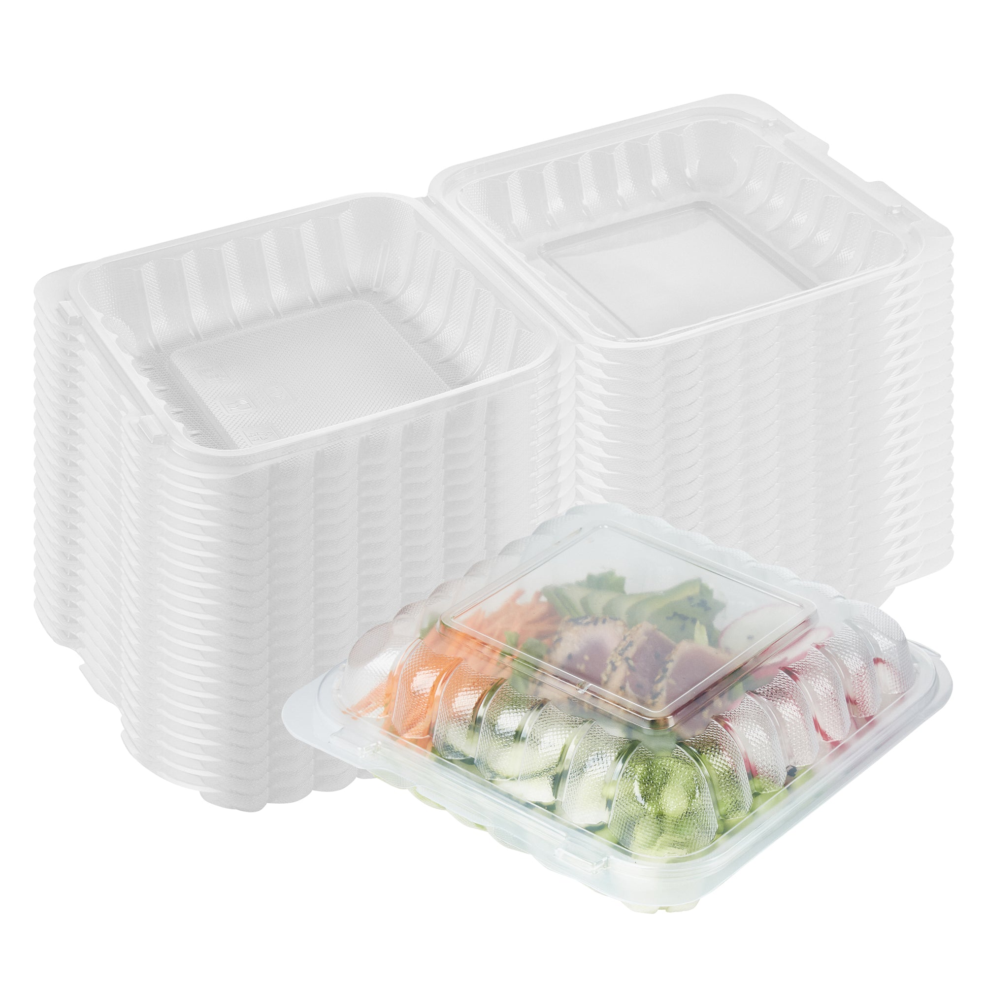 Chef 101 34 oz Square Clear Plastic Clamshell Container - Microwavable - 8" x 8" x 3" - 100 count box