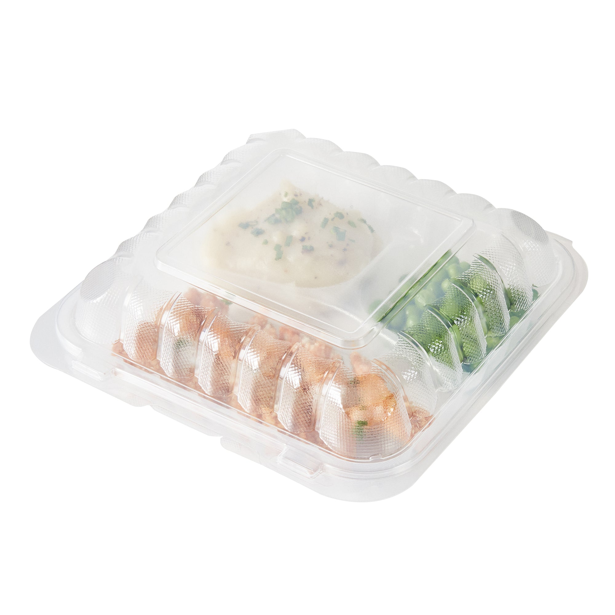 Chef 101 34 oz Square Clear Plastic Clamshell Container - 3 Compartments, Microwavable - 8" x 8" x 3" - 100 count box