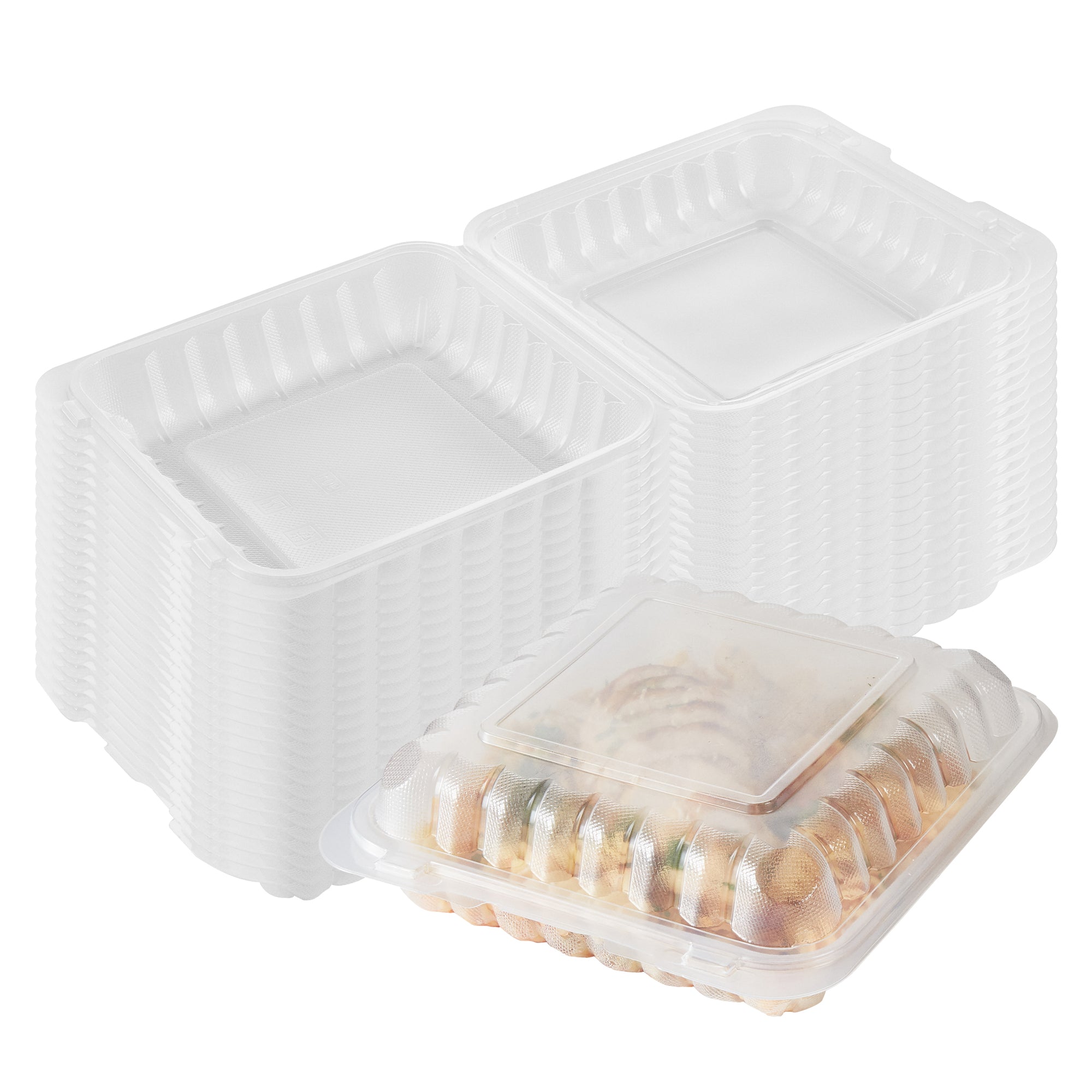 Chef 101 40 oz Square Clear Plastic Clamshell Container - Microwavable - 9" x 9" x 3" - 100 count box